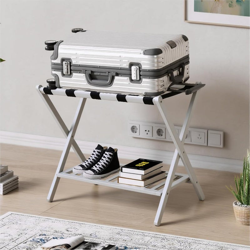 GAOHAPY Bamboo Luggage Rack with Shoe Shelf Folding Suitcase Stand with 5 Heavy-Duty Straps for Guest Room Living Room Hotel Ideal Luggage Holder for Suitcases Bags Shoes,White - Image 5